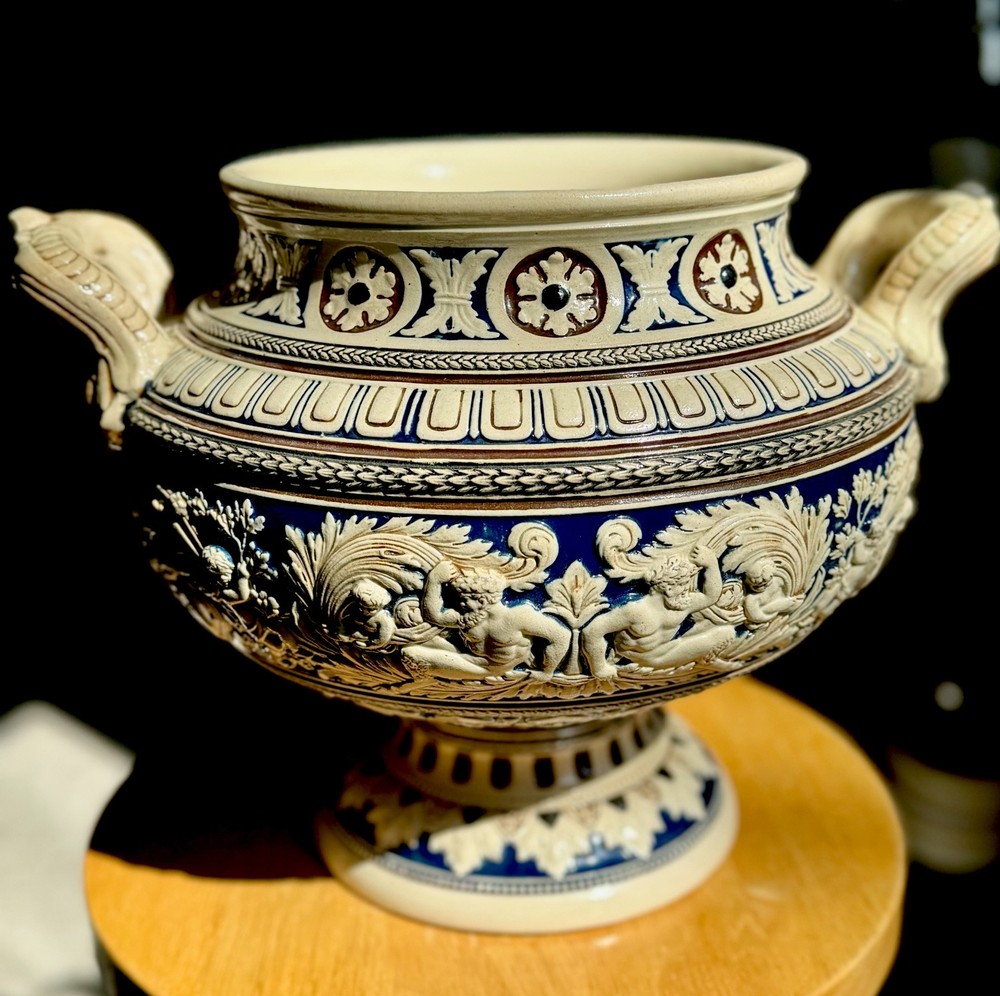 Vintage Antique Earthenware Possibly Steingut Punch Bowl w/Designs Pedestal Base