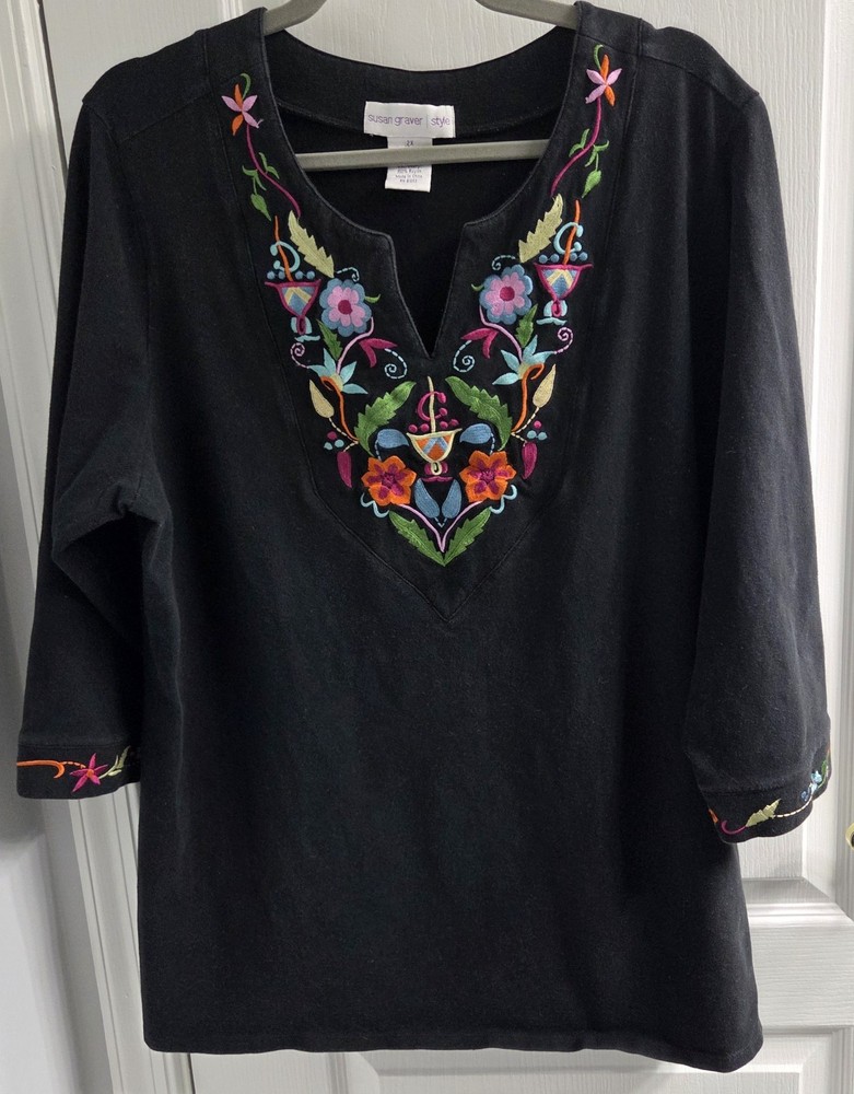 Women's Susan Graver Black Floral Embroidered Boho Peasant Tunic Top  - 2X - Euc