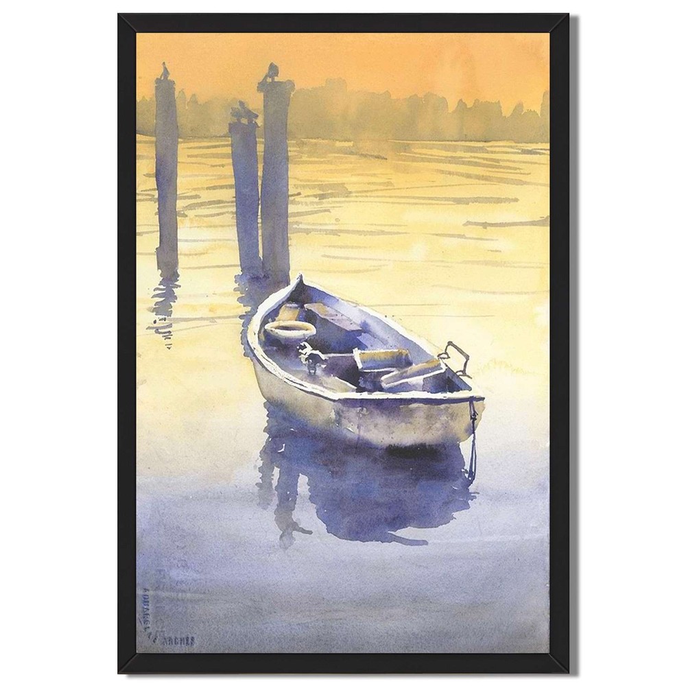 Sunset Boat Seascape Framed Canvas Print Coastal Wall Art Home Decor