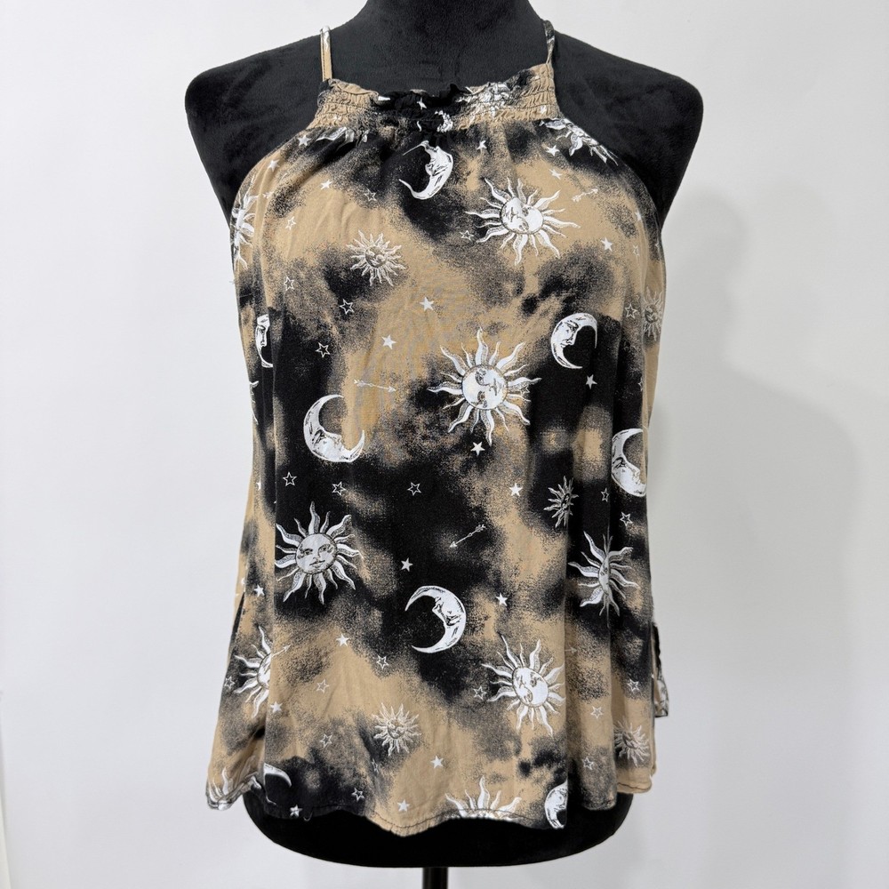 Celestial Sun Moon Stars Halter Top Juniors XL Beige Black Boho Fairy Witchy