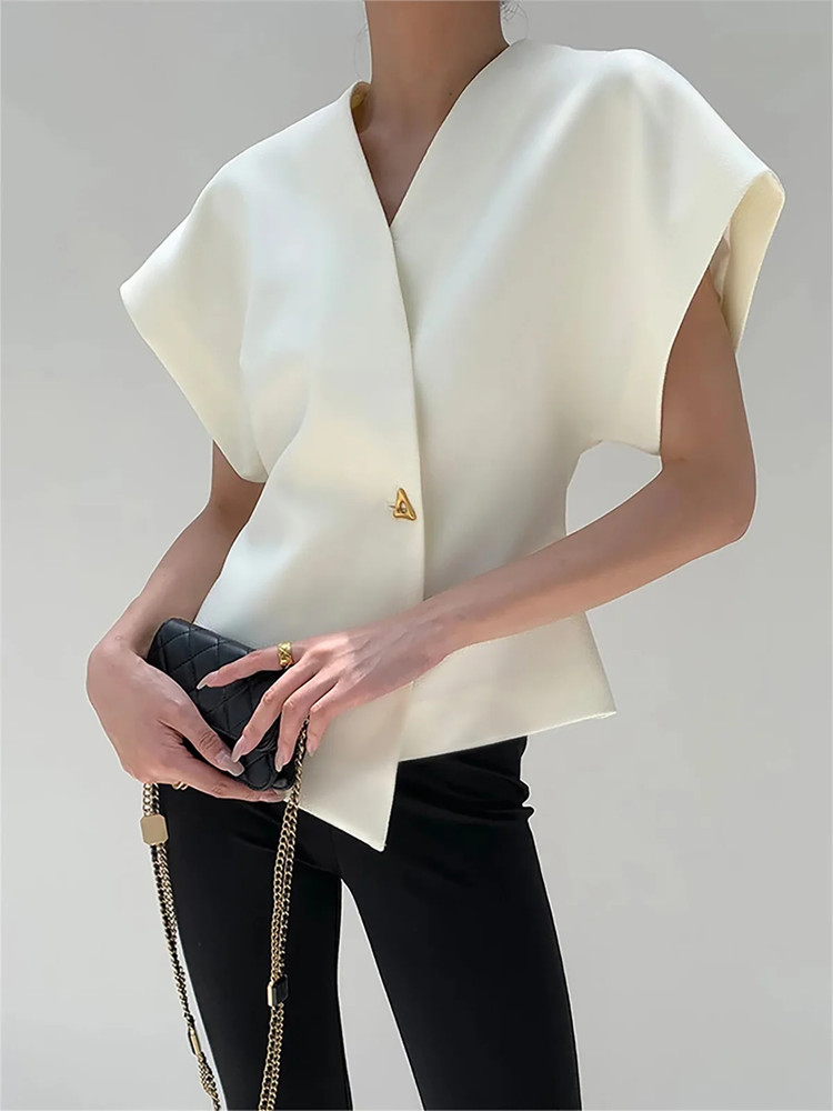 Commense White Wrap Blouse Top Asymmetrical Minimalist Short Sleeve M NWT Career
