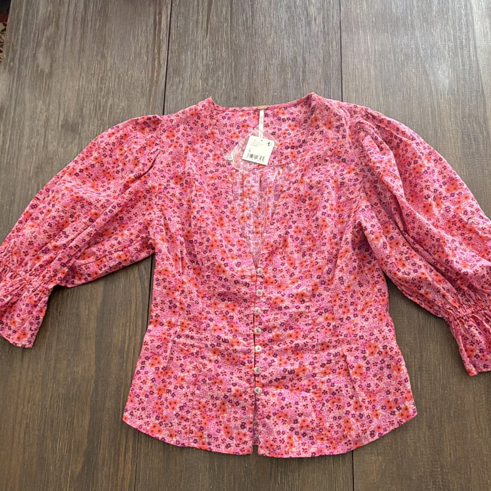 Free People Floral V-Neck 3/4 Puff Sleeve Button Blouse Pink Cotton Size S