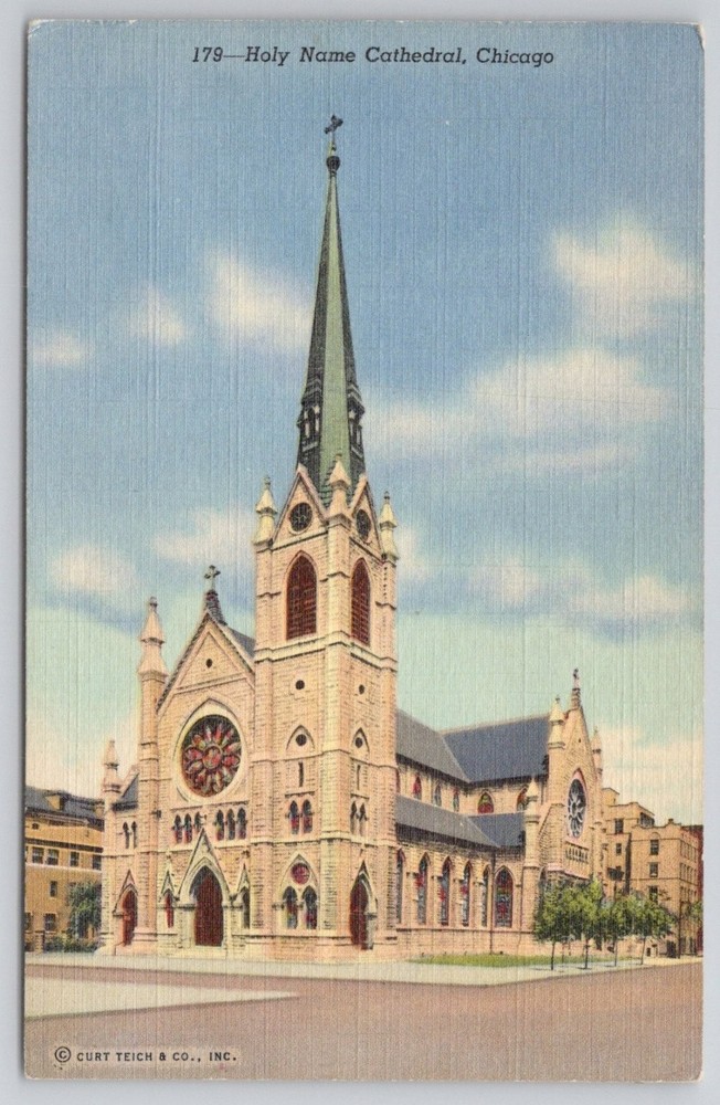 Holy Name Cathedral Chicago IL Linen Postcard 1940s Posted Curt Teich
