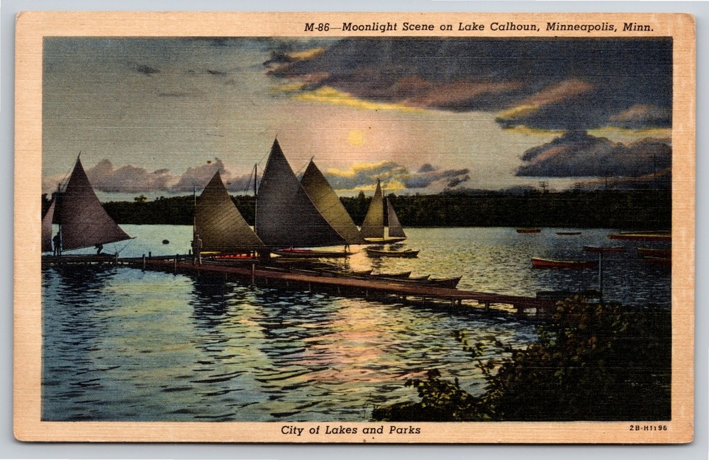 Minneapolis Minnesota~Moonlight Scene On Lake Calhoun~Vintage Linen Postcard