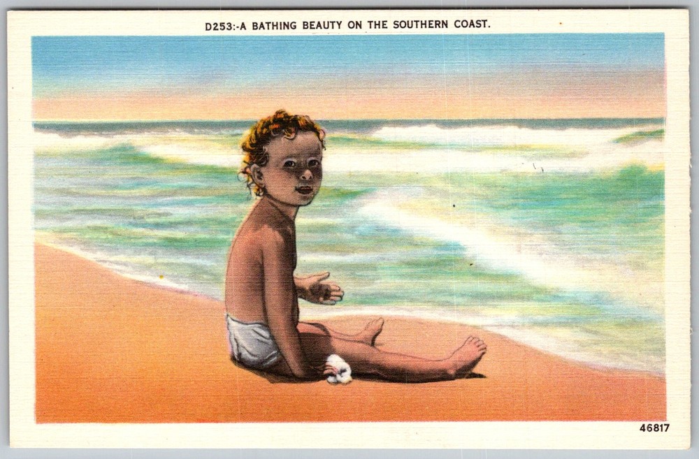 Vtg Linen Postcard Bathing Beauty Beach Child 1930s