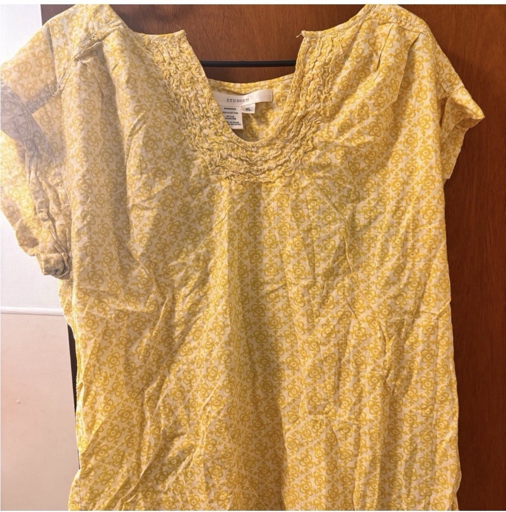Studio 1 Yellow Geometric Smocked Scoop Neck Cotton Knit Blouse XL