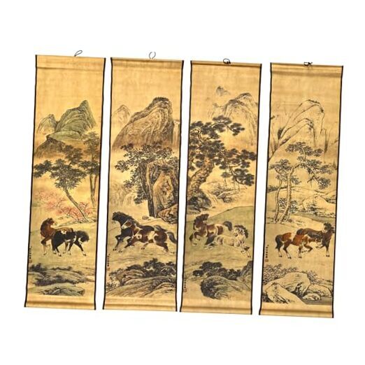 4 Panels Italian Walls Art Ancient Painting Reproduction Animal Horses Poster