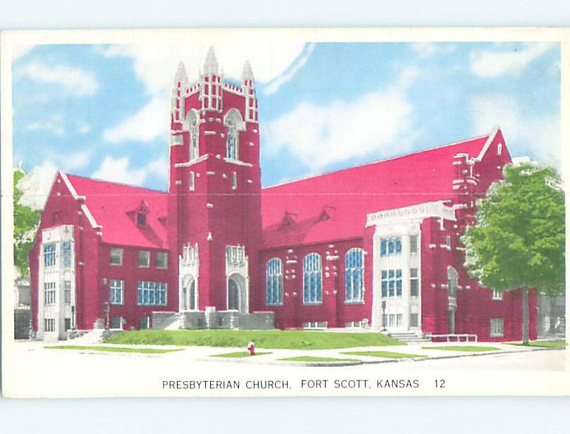 Unused 1940's PRESBYTERIAN CHURCH SCENE Fort Scott Kansas KS : clearance L3917