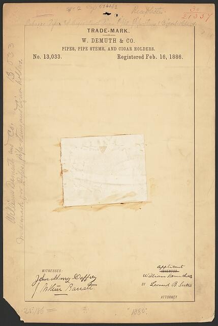 W Demuth Co 1886 Trademark Registration WDC Pipes Pipe Stems Cigar Holders