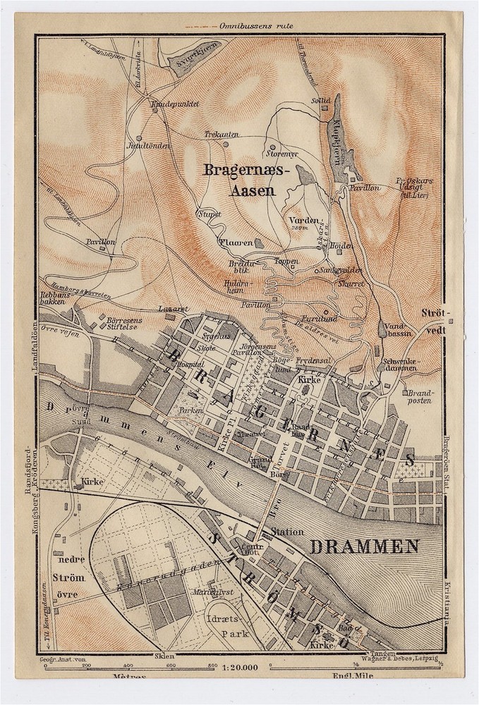 1914 Original Antique City Map Of Drammen / Norway