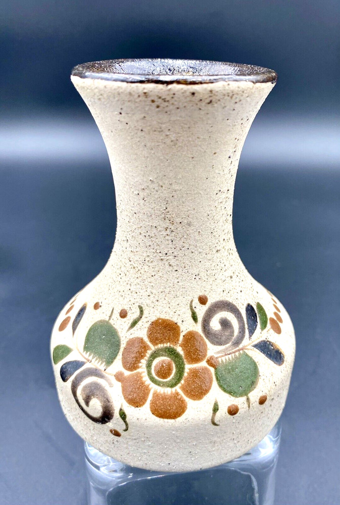 Vintage Tonala Mexican Folk Art Pottery Vase, Hand-Painted, 5