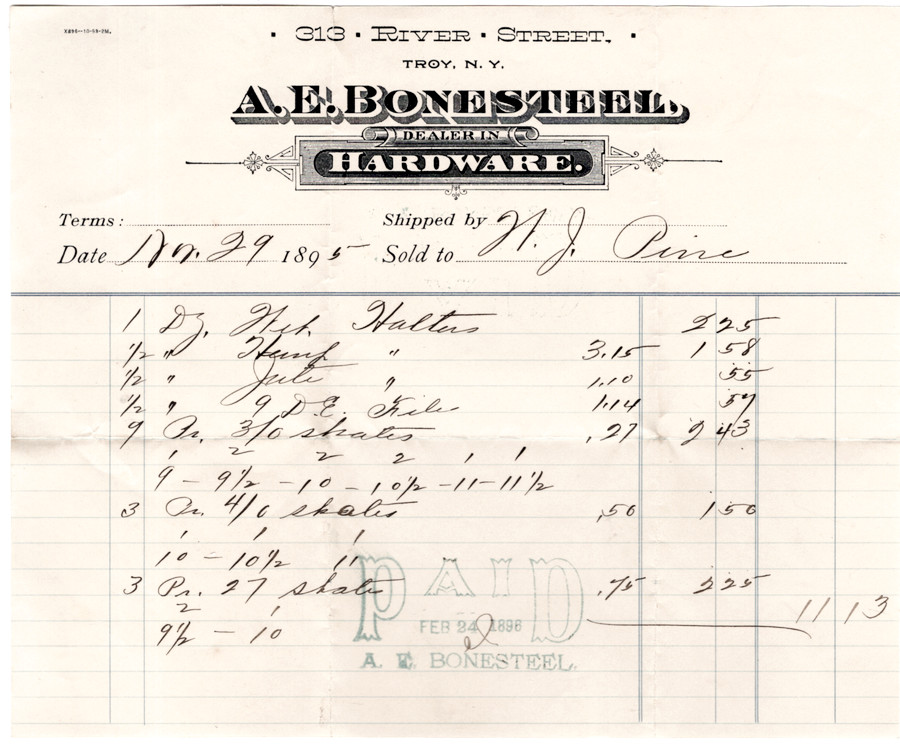 A. E. Bonesteel Hardware, Troy, NY, Nov. 29, 1895 Billhead, Sold to W. J. Pine