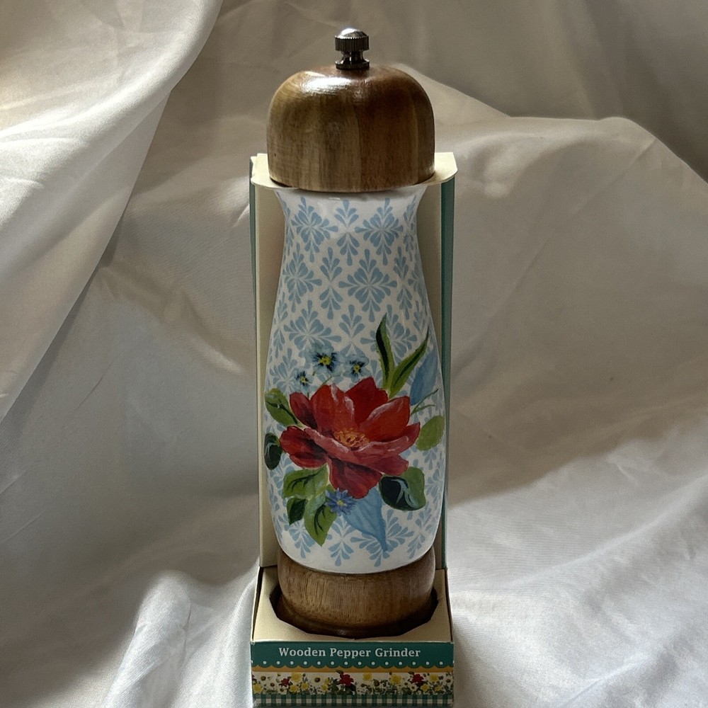 Retired 2018 Pioneer Woman Wooden Pepper Grinder Spring Bouquet Ceramic New