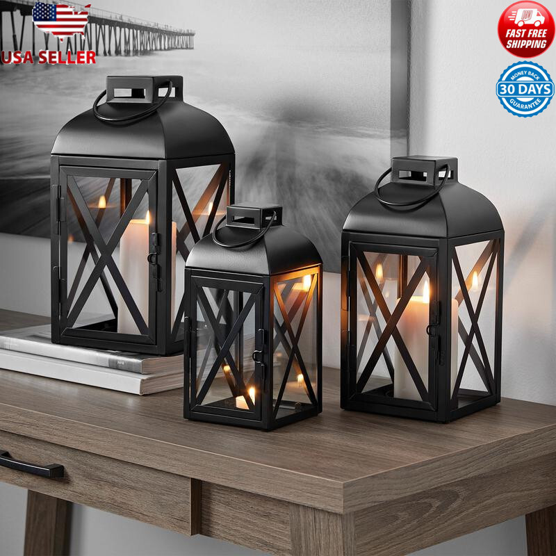 Decorative Black Metal Pillar Candle Holder Lantern Indoor Outdoor Use