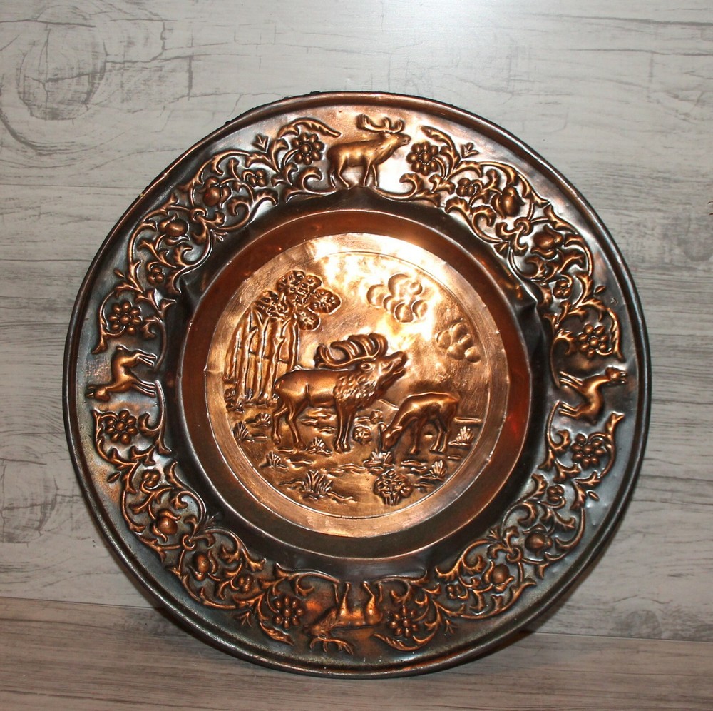 Vintage hand made copper wall hanging hunting plate deers