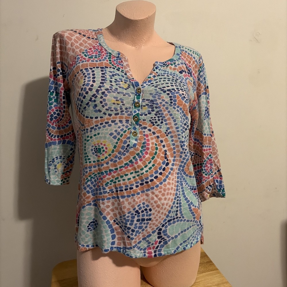 Lilly Pulitzer Top Women Small Multicolor Pullover Linen V Neck 3/4 Sleeve