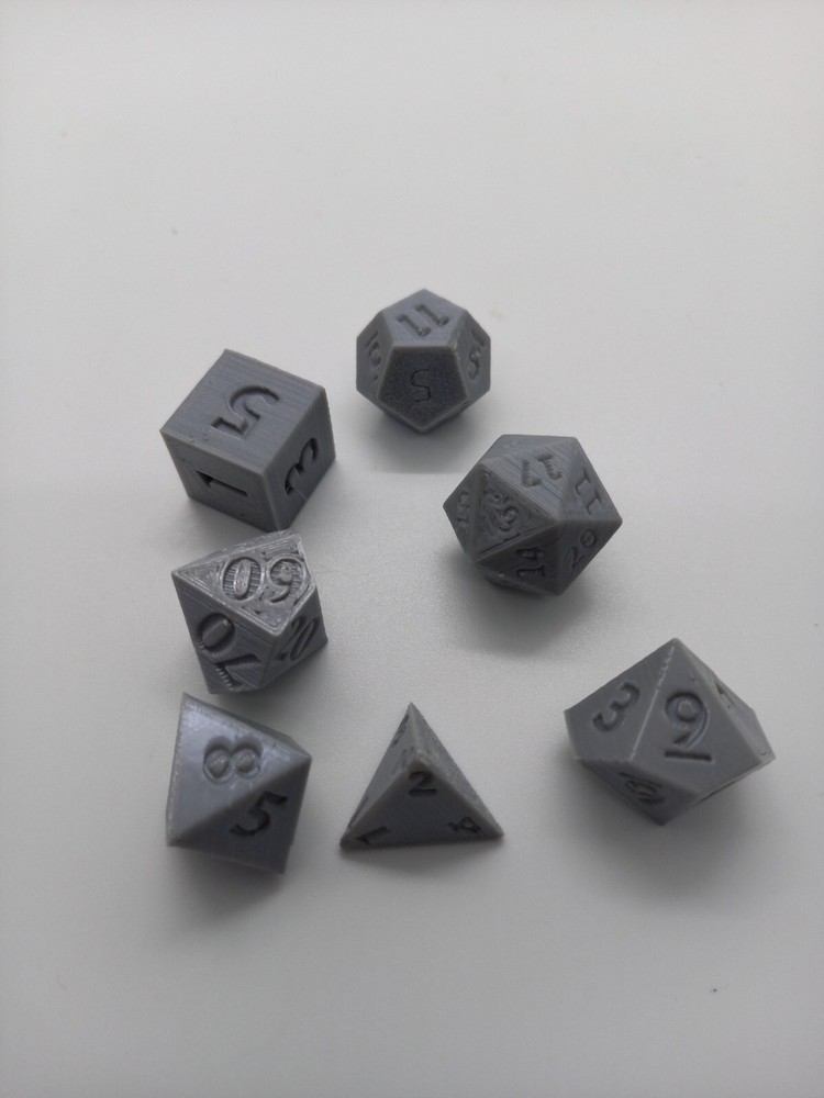 7 Piece 3D Printed Dice Set Grey PLA D4 D6 D8 D10 D12 D20 & Percentile Die
