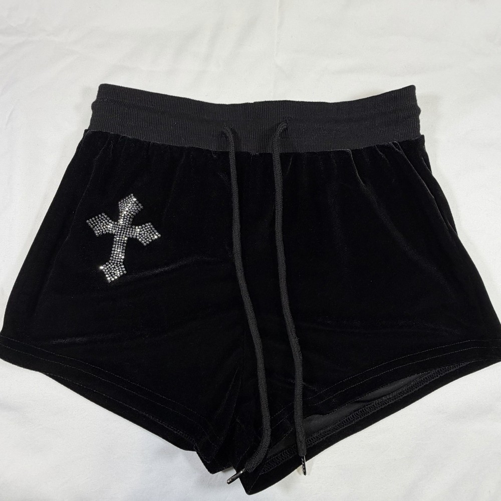 ROMWE Sweat Shorts Black Velvet Rhinestone Cross Drawstring Size M