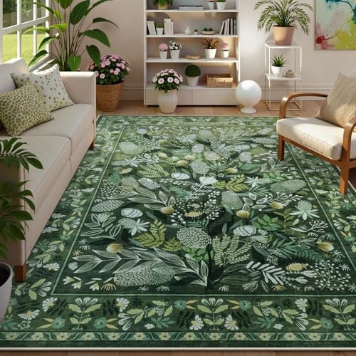 Washable Green Area Rug 6x9, Botanical Large Rugs for Living Room Non-Slip