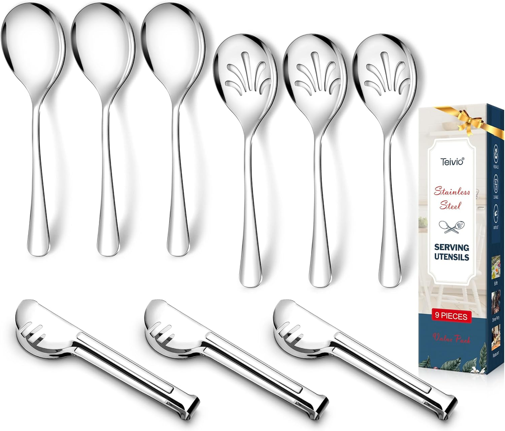 Stainless Steel Metal Serving Utensils - Large Set of 9-10