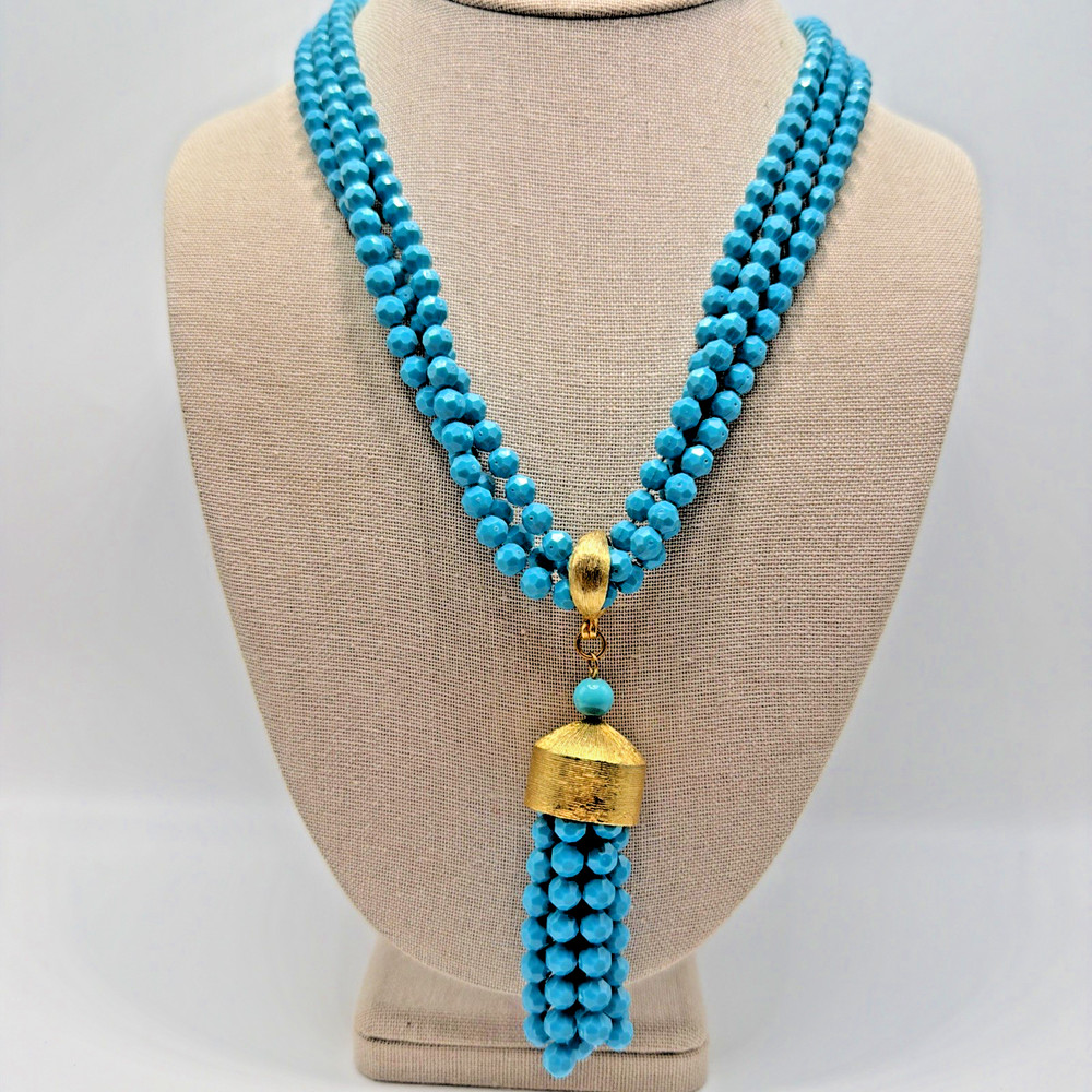 Vintage Blue Faceted Beaded Necklace Acrylic Multi Strand Gold Toned Size