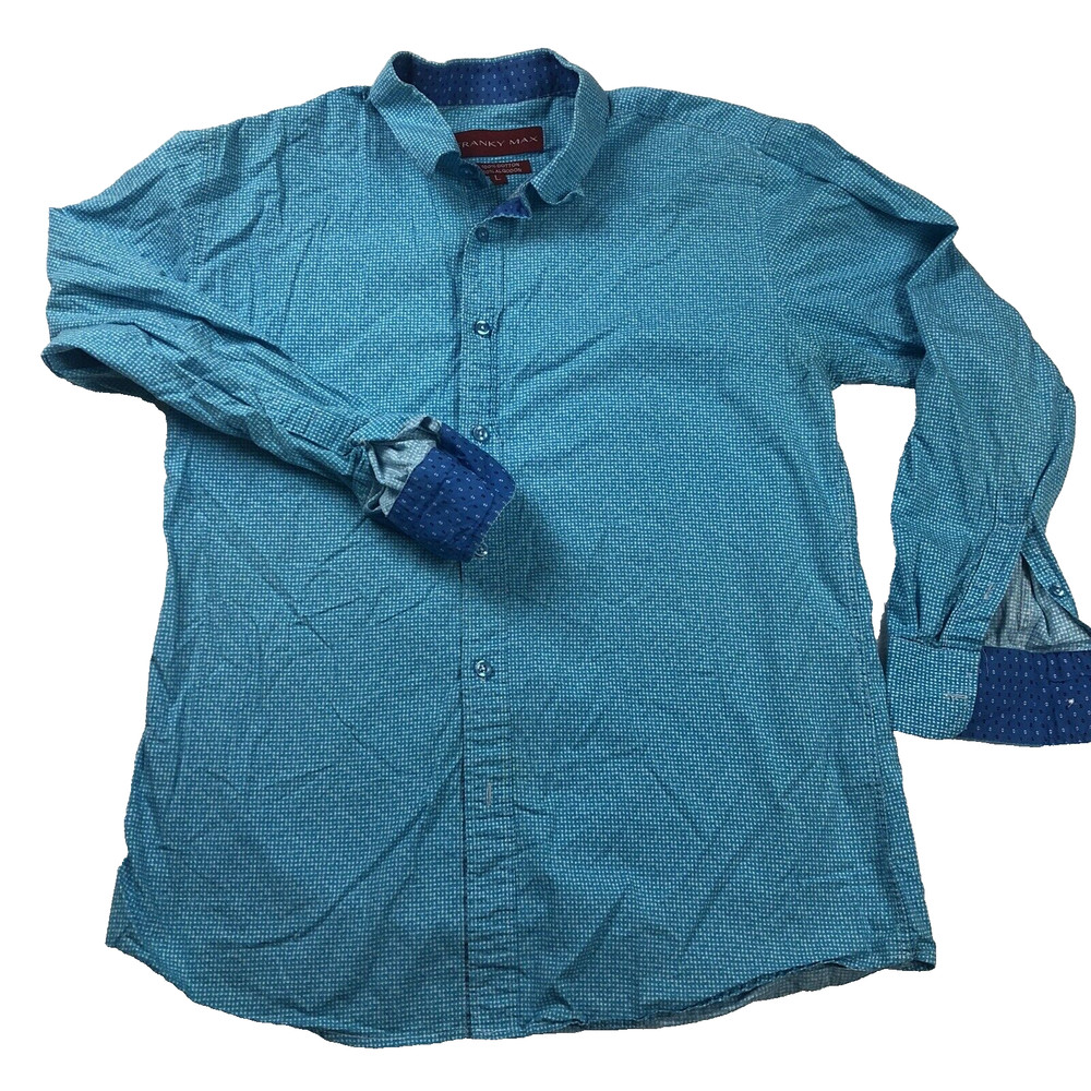 Franky Max Mens Shirt L  Blue Plaid Long Sleeve Button Up Cotton Flip cuff