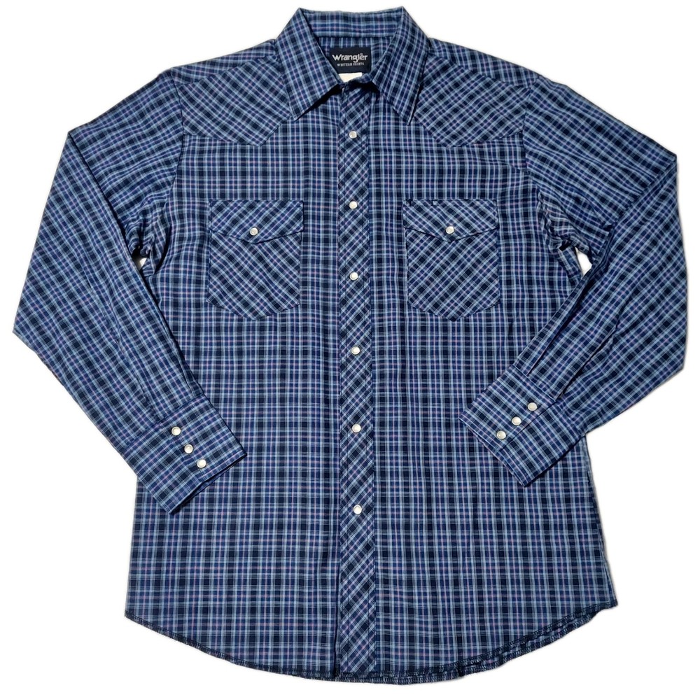 Wrangler Western Shirt Mens Medium Blue Plaid Pearl Snap Long Sleeve Cowboy