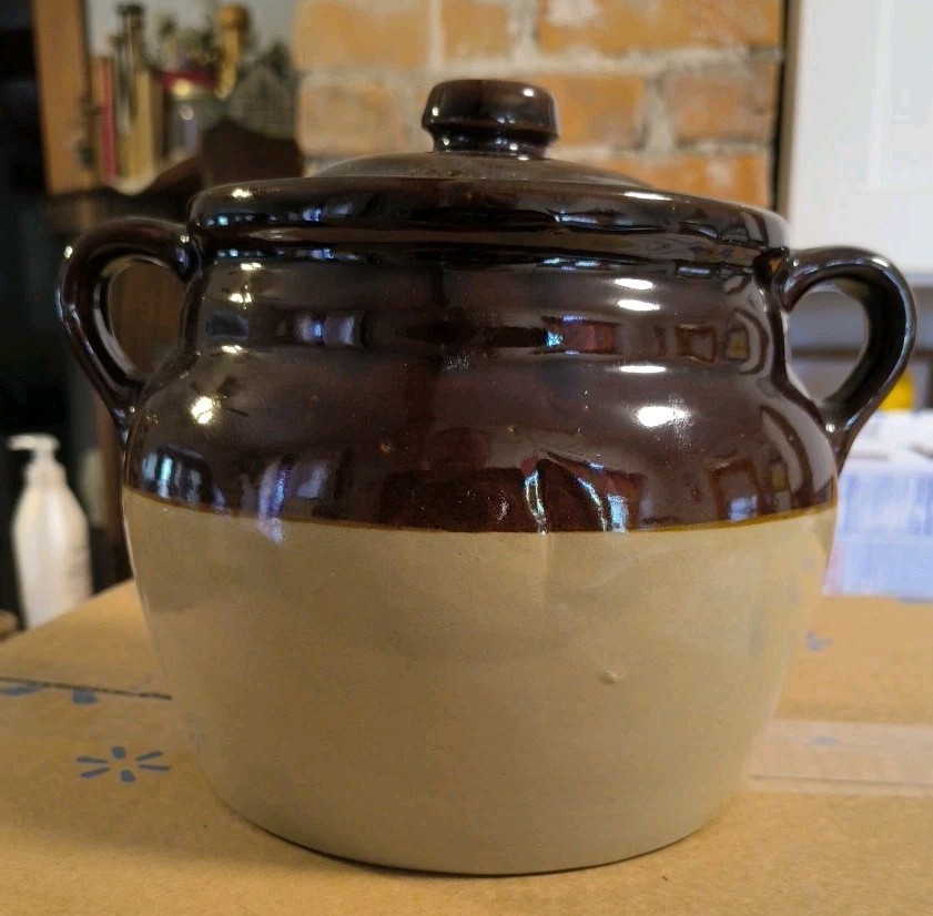 Vintage Monmouth Handled Stoneware Bean Pot Crock Oven Proof USA 6”Tall With Lid