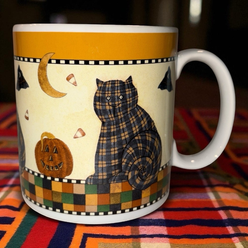 Vintage Debbie Mumm Sakura Halloween 2001  Coffee Mug Plaid Cat, Free Shipping