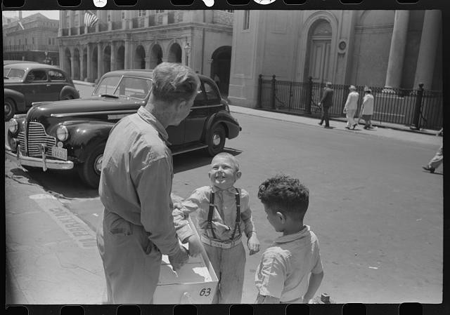 Photo:1930s Street Scene Children Vintage Car City Building