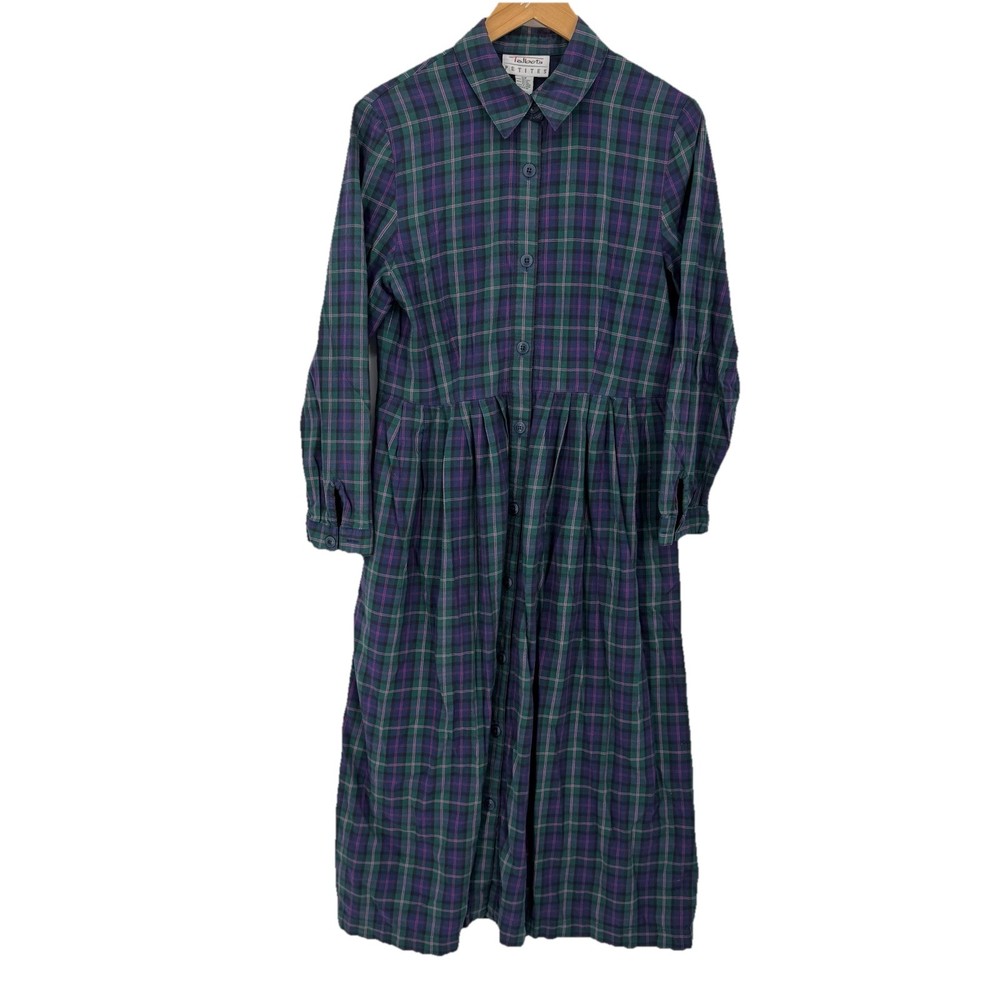 Vintage Talbots Shirt Maxi Dress 12 Petite Button Front Modest Plaid Long Sleeve