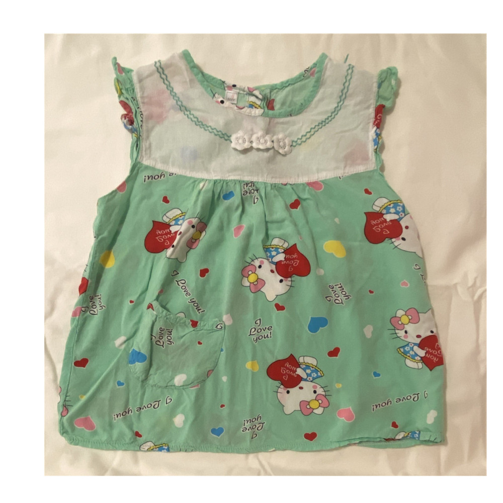 Hello Kitty Green A-Line Cartoon Print Dress Girls Size 6 Sleeveless Bow
