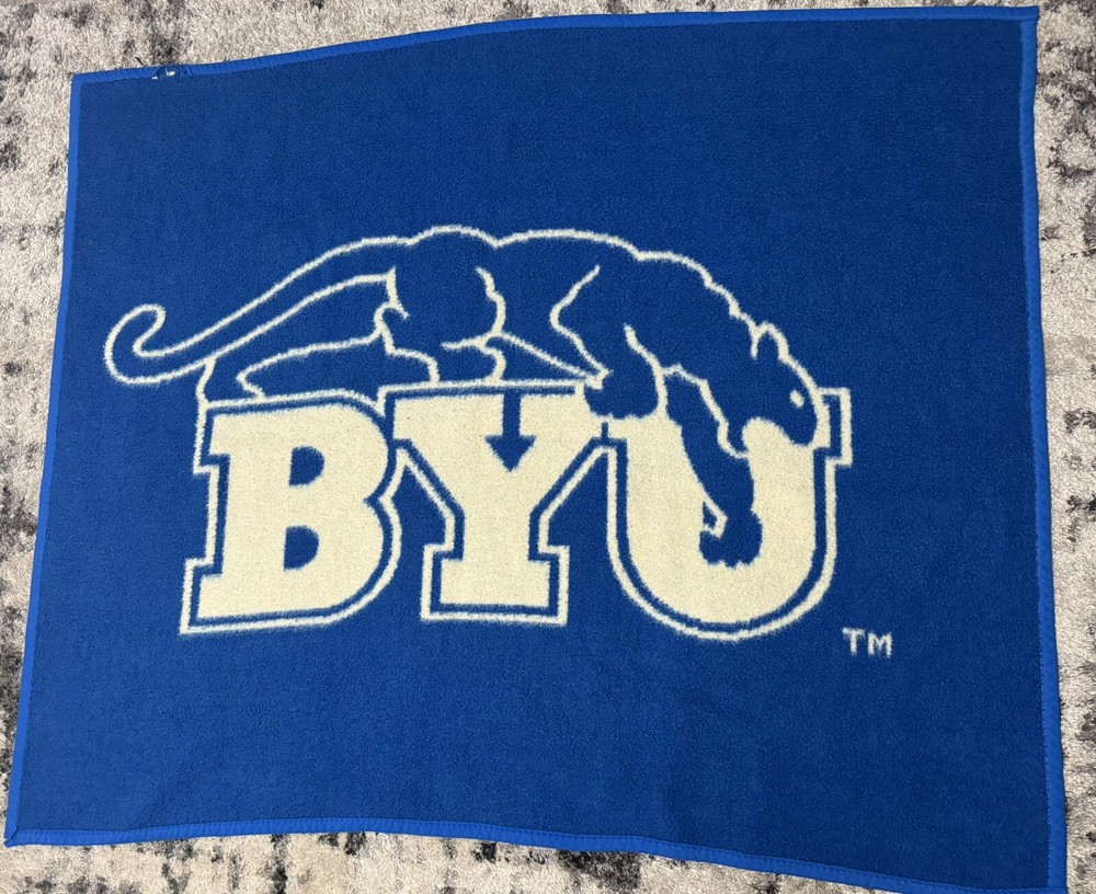 Vintage Brigham Young University Biederlack BYU Cougars Blue/White Blanket