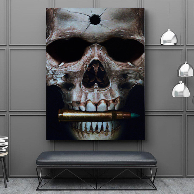 Abstract Black Skull with Bullet Wall Art Canvas Painting Posters and Print Wall-image