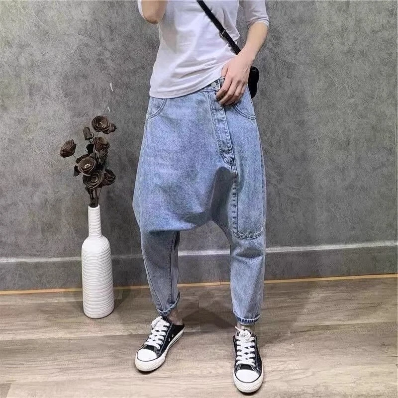 Men Fashion Denim Pants Harem Loose Trousers Irregular Drop Crotch Jeans Tapered