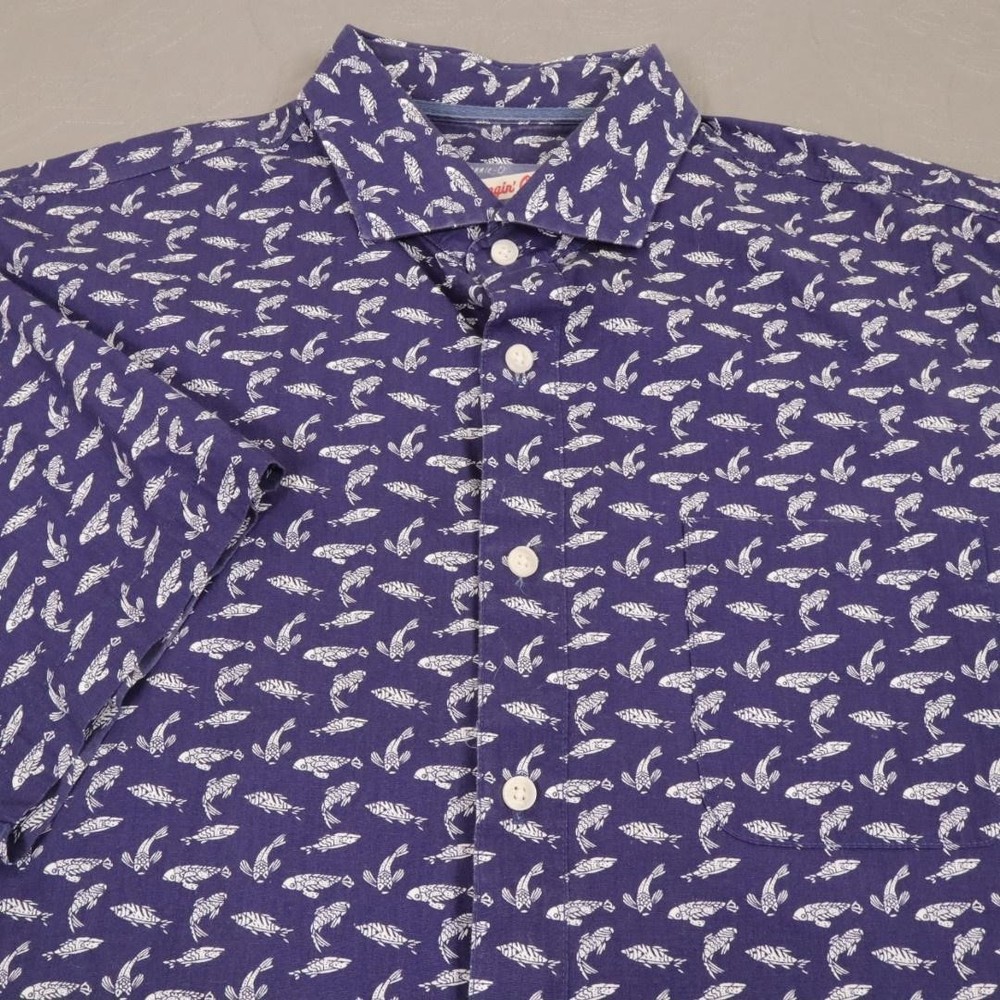 Johnnie-O Shirt Mens Large Blue Fish Print Short Sleeve Button Cotton Geometric