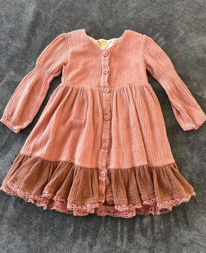 Matilda Jane Fit & Flare Pink Brown Dress, Button, Lace Size 6, Girls