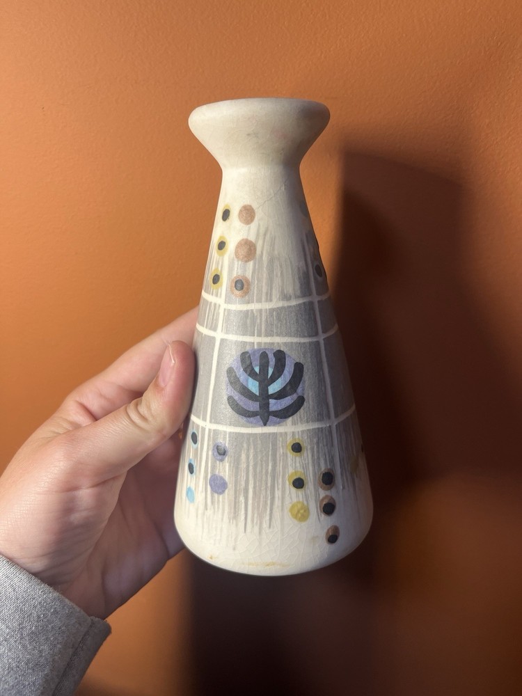 Vintage Studio Pottery MCM Graphic Mod Pattern Bud Vase Signed Abstract MCM-image