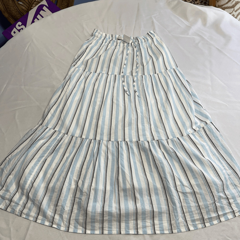 NWT J. Crew Cotton Blue Grey White Striped Tiered Skirt Size XS New