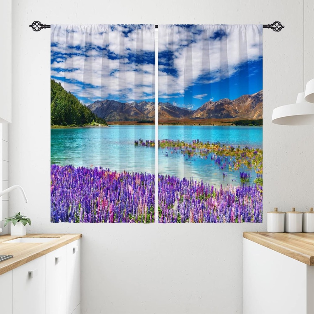 Floral Kitchen Curtains Nature Landscape Theme Lavender Flower Lake Mountain Sc