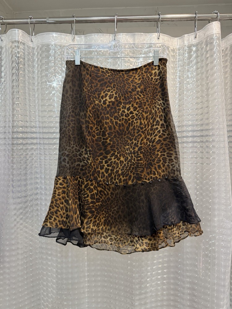 Vintage Alberto Makali 100% Silk cheetah print layered midi skirt Sz 8