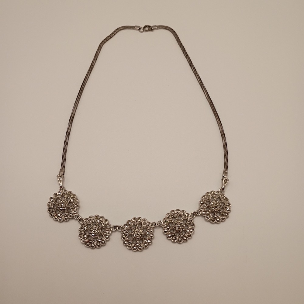 Vintage Sterling Silver Marcasite Floral Choker Necklace Snake Chain 15