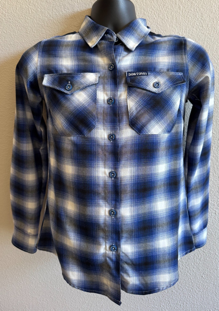 Dixxon Blue Plaid Flannel Dog Town Women’s Small Button-up Shirt EUC Ltd Edit