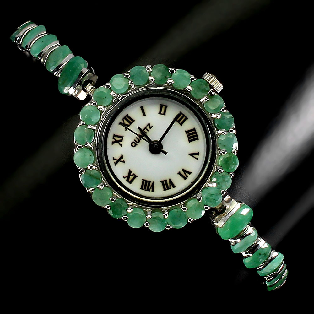 Valentine 925 Silver Watch Oval Emerald 6x4mm Natural Gemstone Jewelry 8 Inch