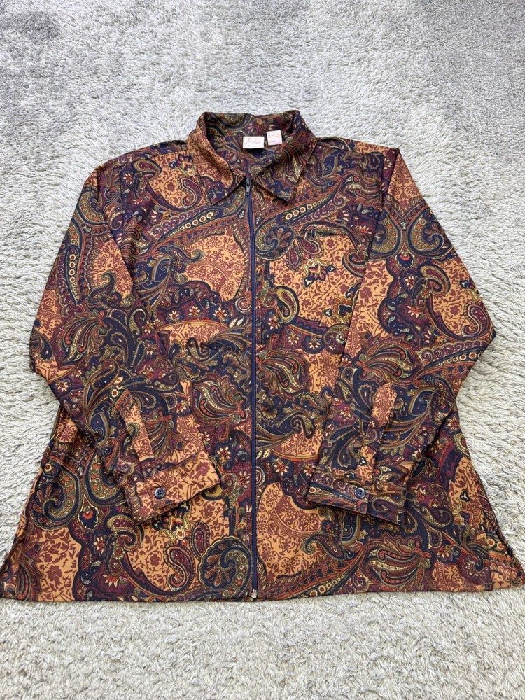 Southern Expressions Top Women 2X Autumn Paisley Artsy AOP Button Up Shirt Vtg