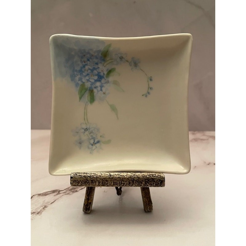 Vintage Square Porcelain Trinket Dish – Hand-Painted Blue Flowers