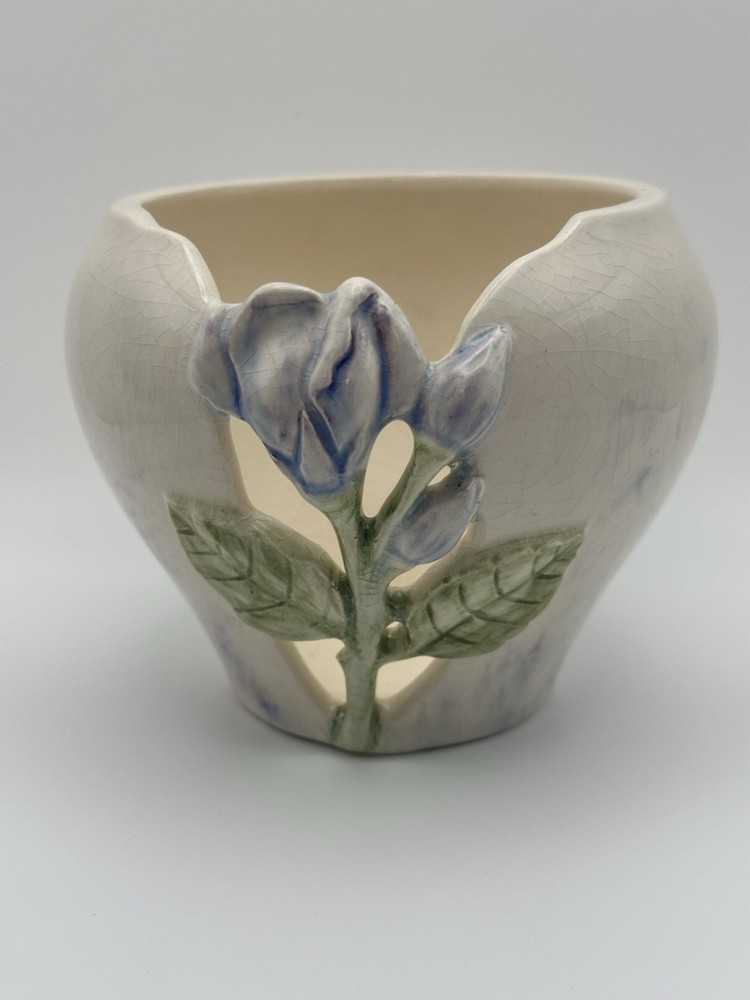 Handmade Studio Pottery Art Carved Vase Iris Floral Signed Purple Green