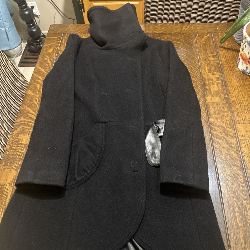 Mackage Jacket Wool Coat Women's Large Leather Trim Leather Belt Collared Black