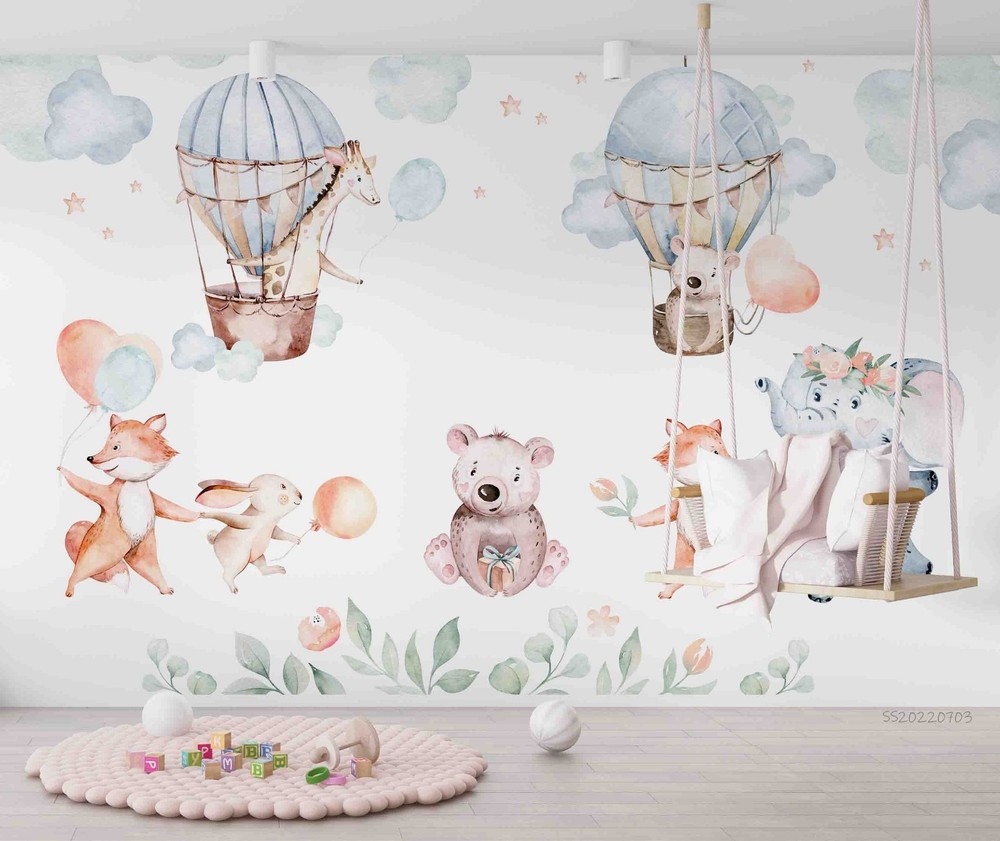 3D Hot Air Balloon Animal Watercolor Wall Murals Wallpaper Murals Wall Sticker