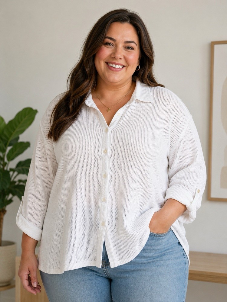 Lauren Ralph Lauren White Waffle Knit Button Front Top Women’s Size 3X Collared